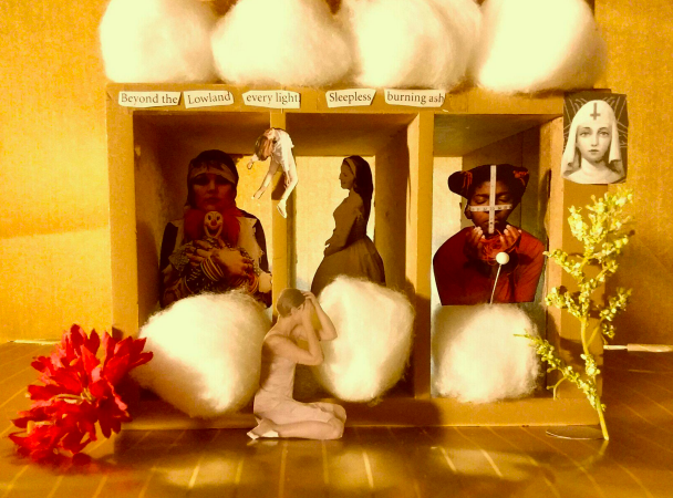 A box surrounded by cotton balls and flowers, there are three images of women in the box, and the words 'Beyond the Lowland every light Sleepless burning ash'