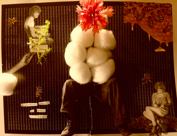 A collage with a persons legs in the center, their body is covered in cotton balls and their face is replaced with a fresh red flower