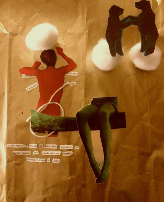 Collage with two dancing bears on cotton balls, a disembodied pair of legs are in the foreground, with a person facing away behind them