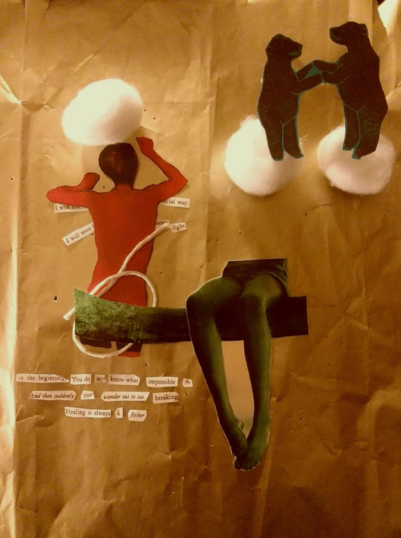 Collage with two dancing bears on cotton balls, a disembodied pair of legs are in the foreground, with a person facing away behind them