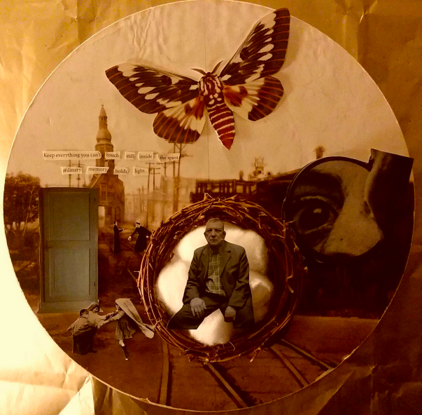 Collage with a photo of an old man in the center, encircled by a nest of twigs, a cityscape is behind him and there is a large moth at the top