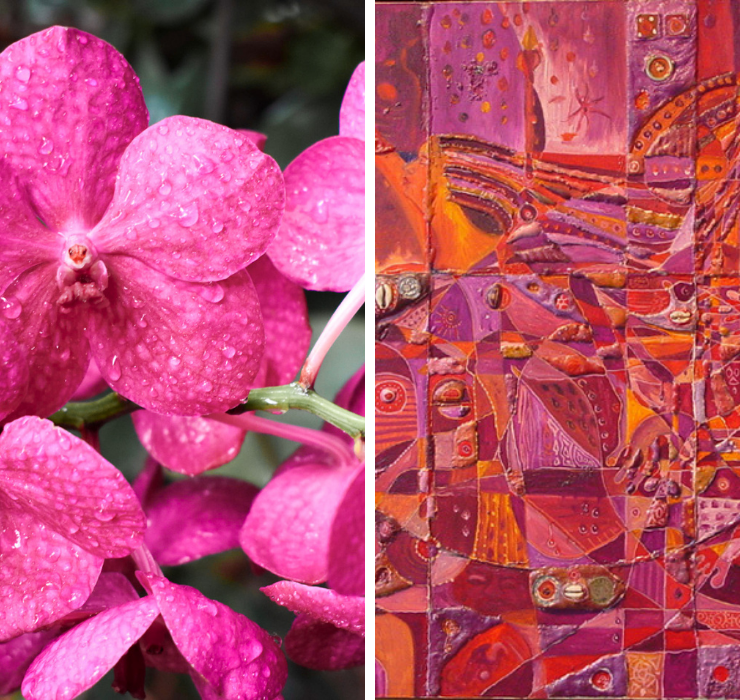 Right: magenta orchid flowers, Left: Magenta and orange painting of a woman