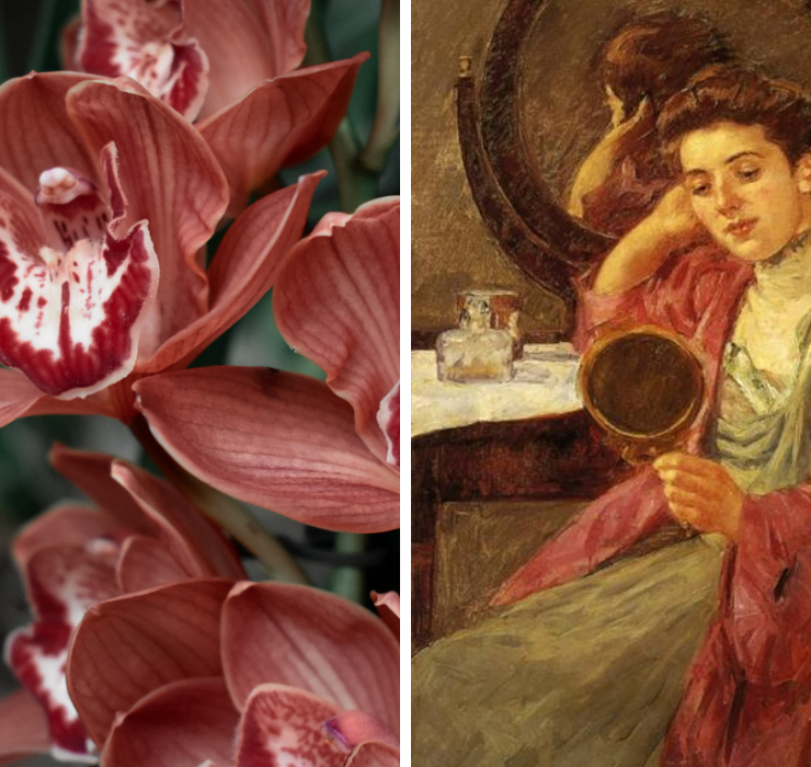 Right: mauve orchid flowers, Left: Painting of a woman sitting at her vanity table, looking into a hand mirror, she is wearing a mauve robe