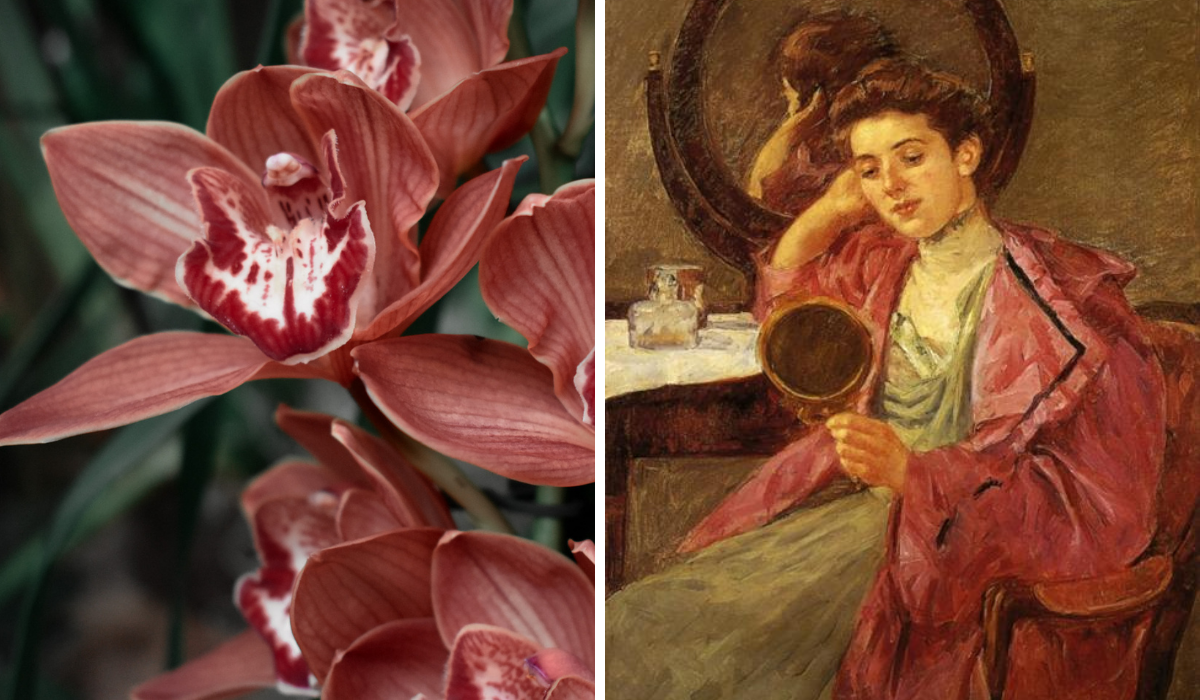 Right: mauve orchid flowers, Left: Painting of a woman sitting at her vanity table, looking into a hand mirror, she is wearing a mauve robe