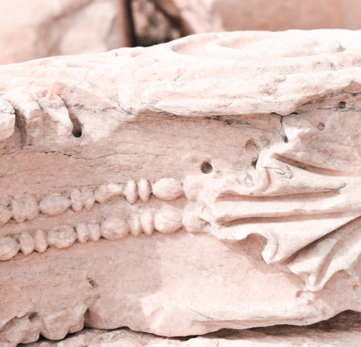 Close up photo of a marble chunk of the Acropolis with grape leaf carvings