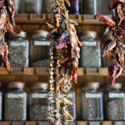 Hanging dried chilis in an apothecary