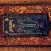 Painting of an elaborate red prayer rug