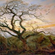 Painting of a windswept tree leaning to the left, a flock of crows can be seen in the distance and perched in the tree
