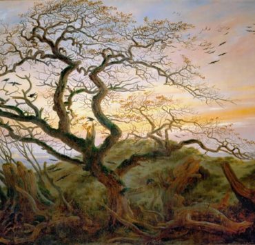 Painting of a windswept tree leaning to the left, a flock of crows can be seen in the distance and perched in the tree