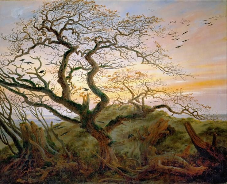 Painting of a windswept tree leaning to the left, a flock of crows can be seen in the distance and perched in the tree