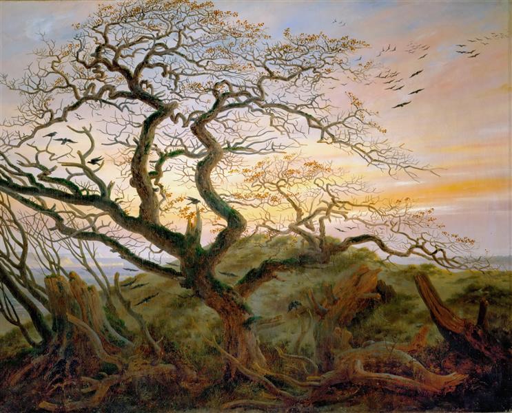 Painting of a windswept tree leaning to the left, a flock of crows can be seen in the distance and perched in the tree