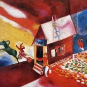 Painting of a red house on a red background. There is a person carrying a bucket, while another person is being driven with a horse drawn cart