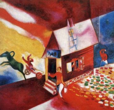 Painting of a red house on a red background. There is a person carrying a bucket, while another person is being driven with a horse drawn cart