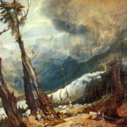 Mountain side with remnants of snow and broken trees