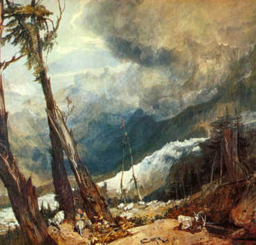 Mountain side with remnants of snow and broken trees