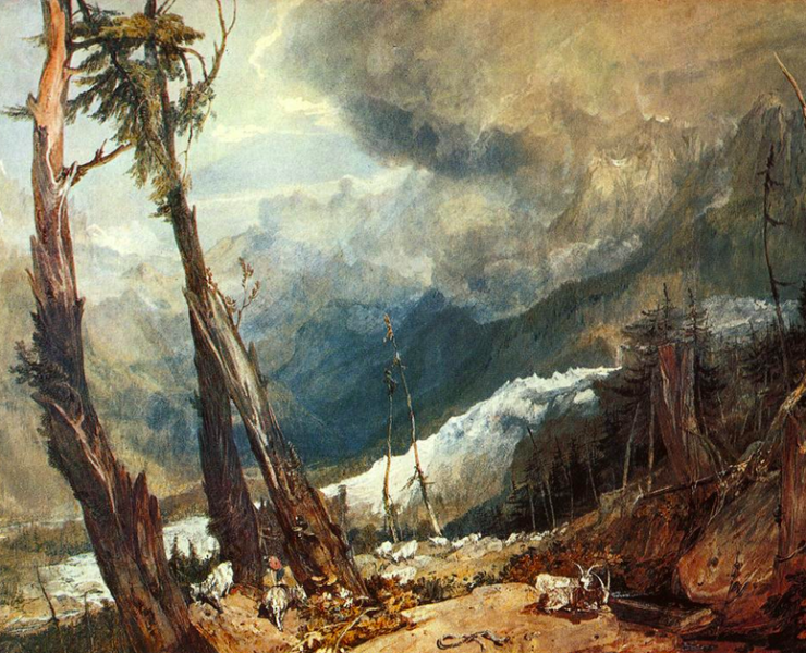 Mountain side with remnants of snow and broken trees