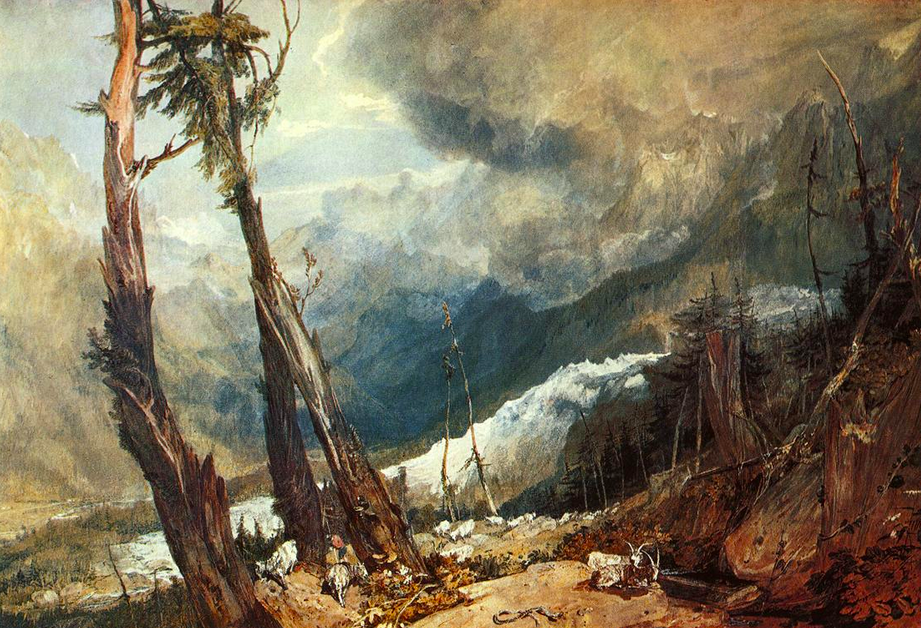 Mountain side with remnants of snow and broken trees