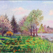 Impressionist painting of springtime, a cherry tree is in the distance