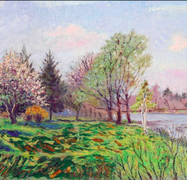 Impressionist painting of springtime, a cherry tree is in the distance