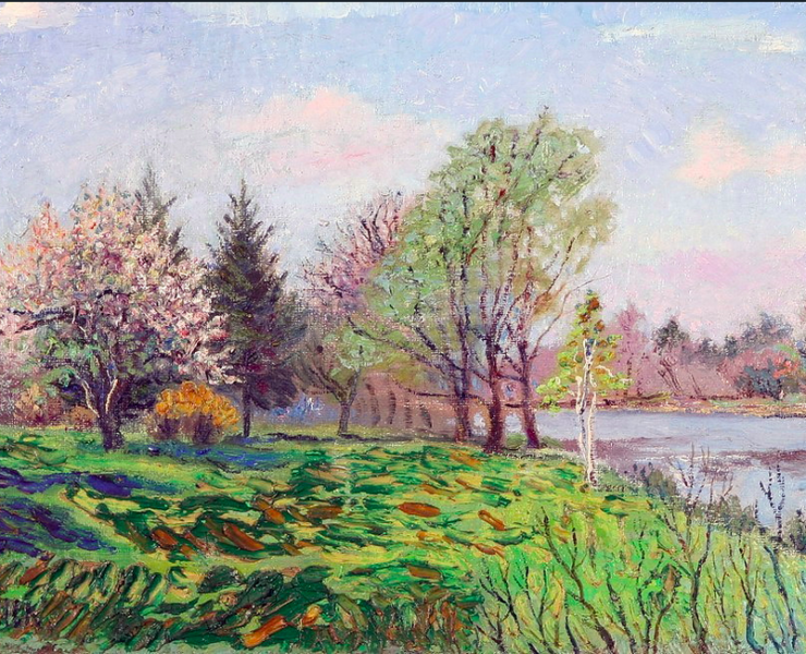 Impressionist painting of springtime, a cherry tree is in the distance