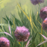 Painting of five purple flowers on a grassy background