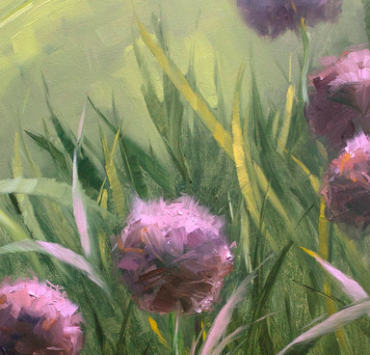 Painting of five purple flowers on a grassy background