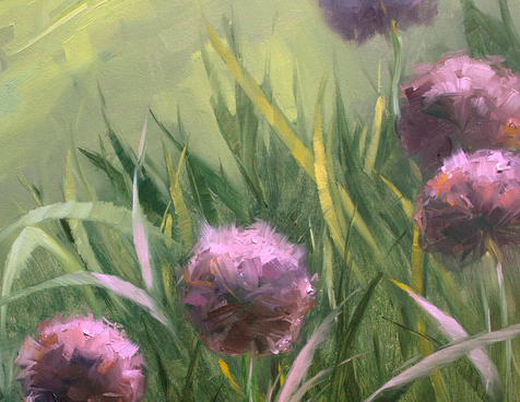 Painting of five purple flowers on a grassy background