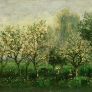 Painting of a grassy meadow with four apple trees in bloom. There are two goats beneath the trees, and a person resting beneath another