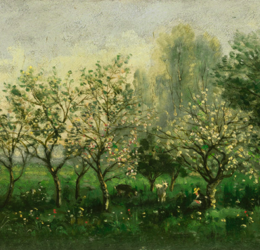 Painting of a grassy meadow with four apple trees in bloom. There are two goats beneath the trees, and a person resting beneath another