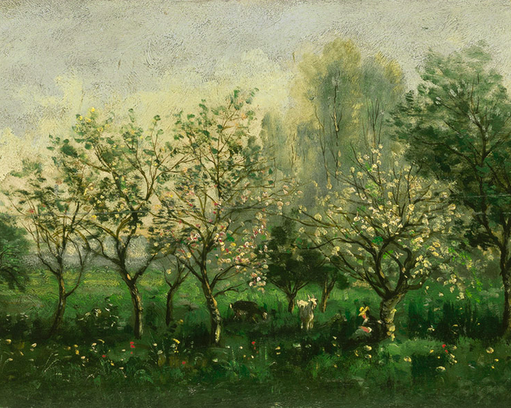 Painting of a grassy meadow with four apple trees in bloom. There are two goats beneath the trees, and a person resting beneath another