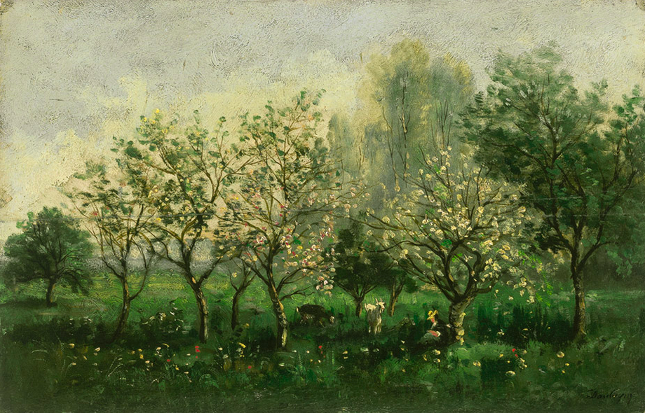Painting of a grassy meadow with four apple trees in bloom. There are two goats beneath the trees, and a person resting beneath another