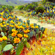 Painting of a field of prickly pear cacti with red and yellow blossoms
