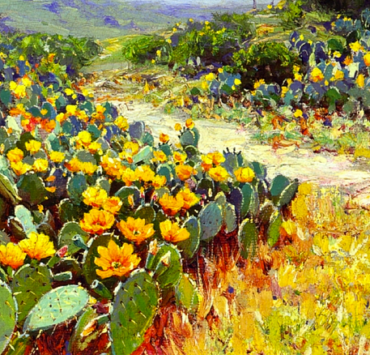 Painting of a field of prickly pear cacti with red and yellow blossoms