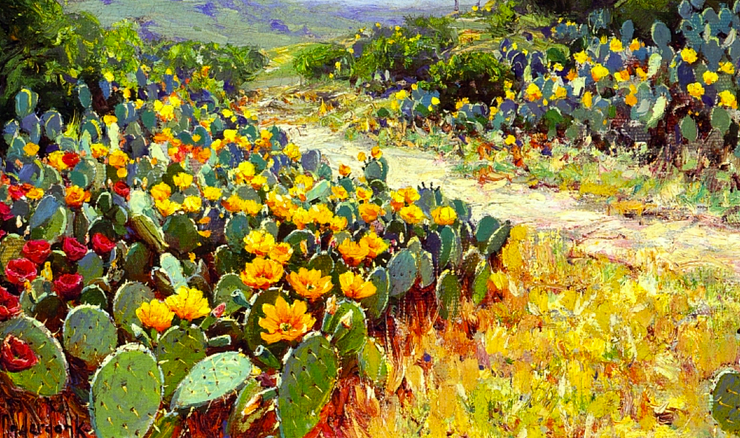 Painting of a field of prickly pear cacti with red and yellow blossoms
