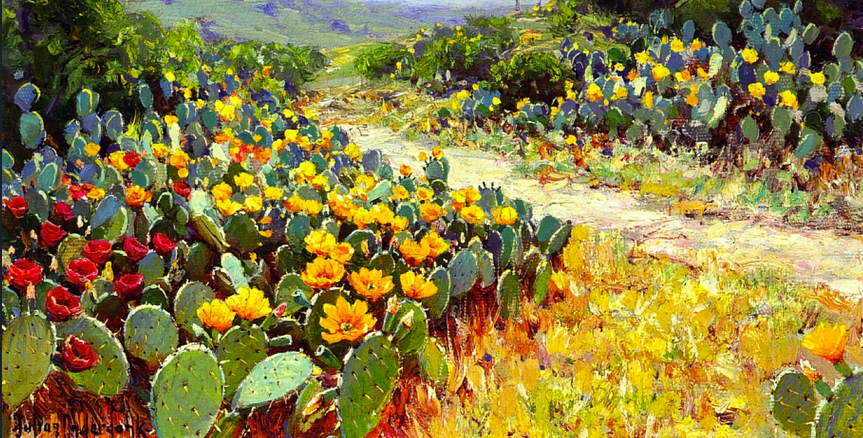 Painting of a field of prickly pear cacti with red and yellow blossoms