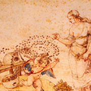 Painting of a small cupid cherub running from several beehives. A swarm of bees is following him, and a female figure stands watching, she is holding a lit torch