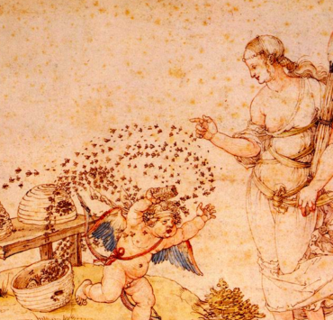 Painting of a small cupid cherub running from several beehives. A swarm of bees is following him, and a female figure stands watching, she is holding a lit torch