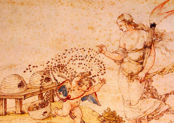 Painting of a small cupid cherub running from several beehives. A swarm of bees is following him, and a female figure stands watching, she is holding a lit torch