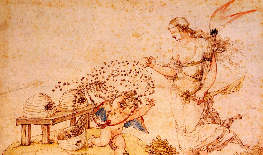 Painting of a small cupid cherub running from several beehives. A swarm of bees is following him, and a female figure stands watching, she is holding a lit torch