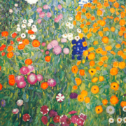 Impressionist painting of a flower garden in many colors