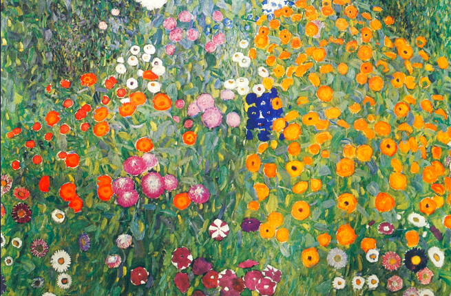 Impressionist painting of a flower garden in many colors