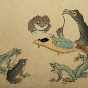 Japanese ink painting of a large frog seated at a table. There is a bundle of leaves in front of the frog, and six smaller frogs sit in a semicircle facing it