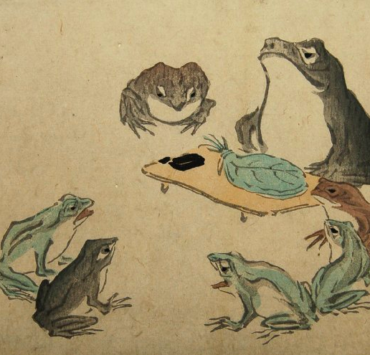 Japanese ink painting of a large frog seated at a table. There is a bundle of leaves in front of the frog, and six smaller frogs sit in a semicircle facing it