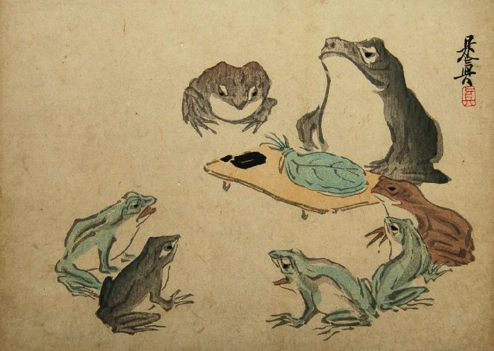 Japanese ink painting of a large frog seated at a table. There is a bundle of leaves in front of the frog, and six smaller frogs sit in a semicircle facing it