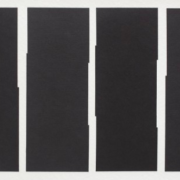 Abstract painting of four rectangular bars of black, each has slight distortion