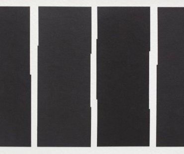 Abstract painting of four rectangular bars of black, each has slight distortion