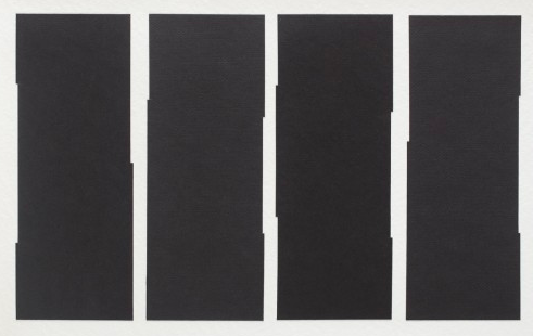 Abstract painting of four rectangular bars of black, each has slight distortion