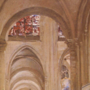 Painting of the interior of a cathedral with stained glass windows