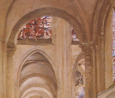 Painting of the interior of a cathedral with stained glass windows