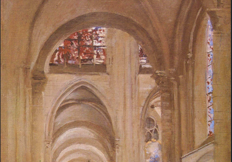 Painting of the interior of a cathedral with stained glass windows